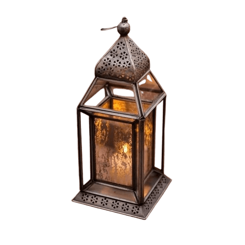 IRON & GLASS LANTERN CANDLE HOLDER (ANTIQUE)